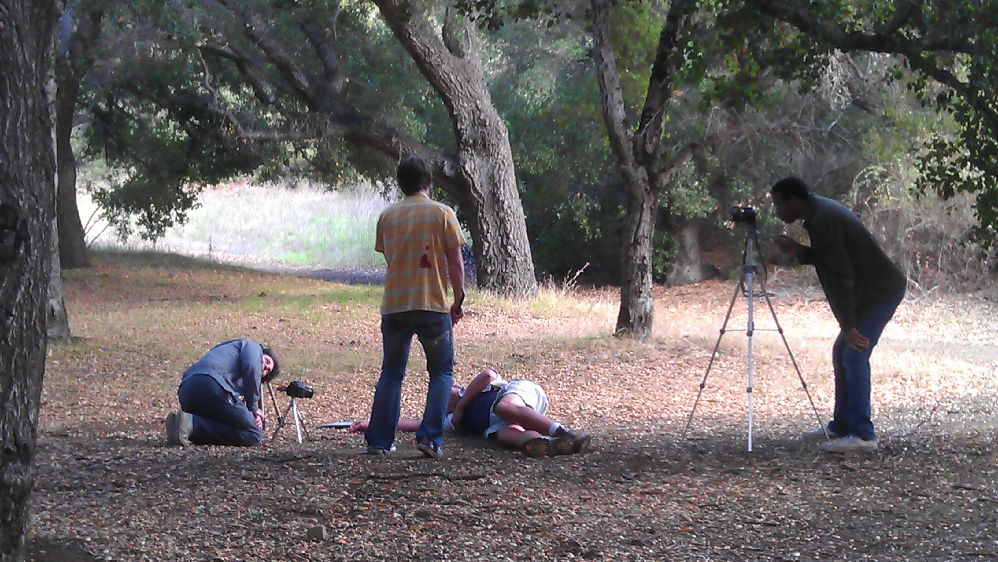 Filming a back-breaking shot in the woods for 'Blood Rush.'