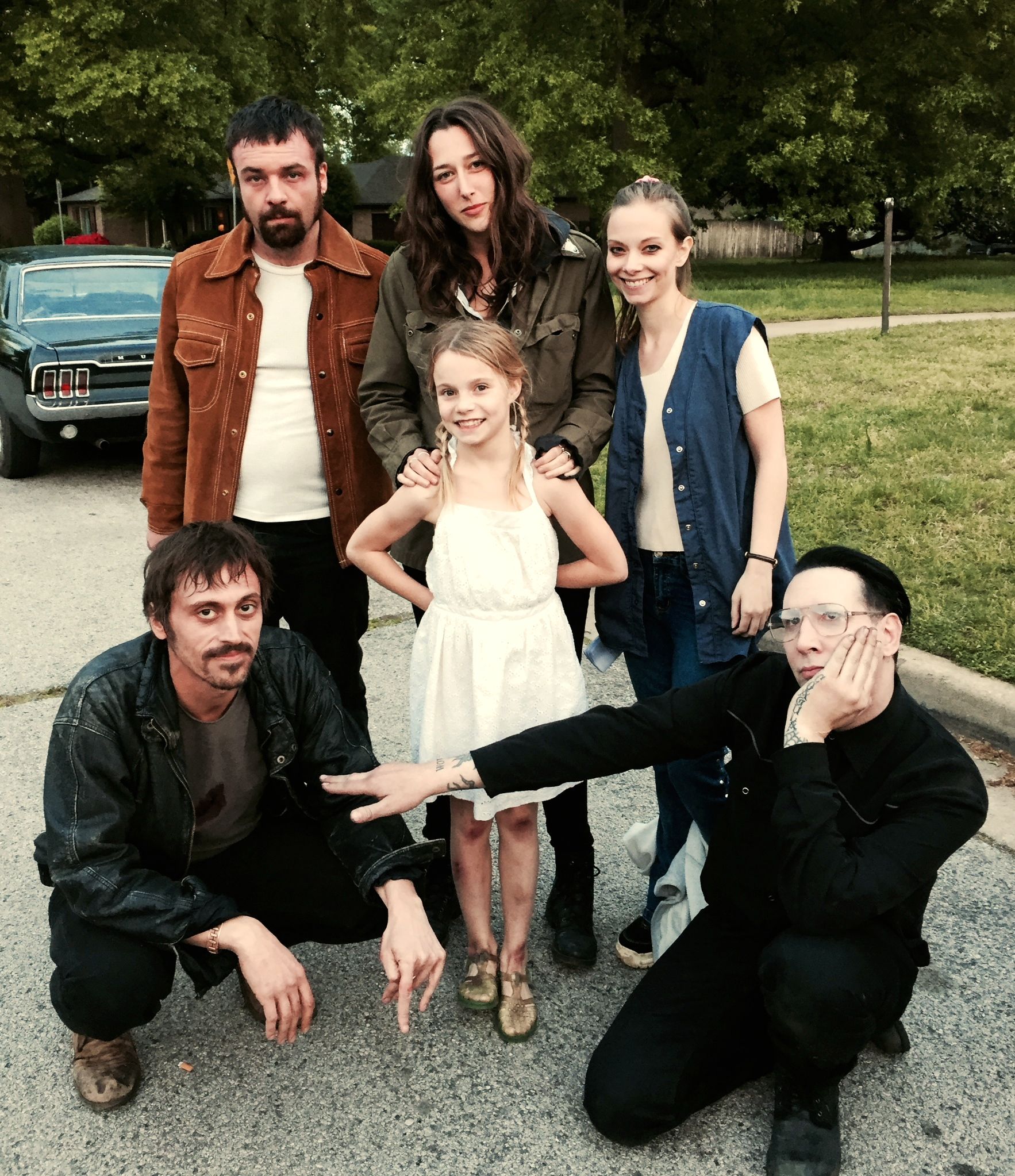 On set of Let Me Make You A Martyr. Niko Nicotera, Michael Jefferson, Sam Quartin, Gracie Grenier, Rebekah Kennedy, and Marilyn Manson.