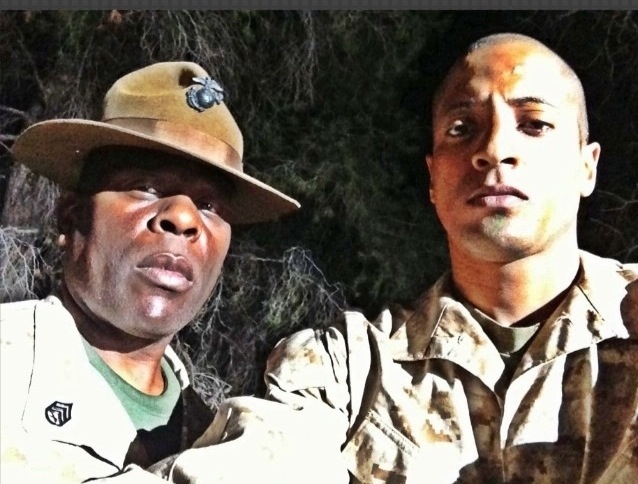 David Terrell as Staff Sgt. Raynor with Adam Rennie as Simon on the set of Initiation.