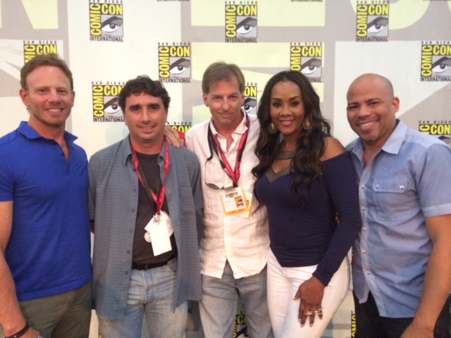 Sharknado 2 panel ComicCon 2014. Pictured (left to right): Ian Ziering, Anthony Ferrante, Thunder Levin and Vivica Fox, Gerald Webb