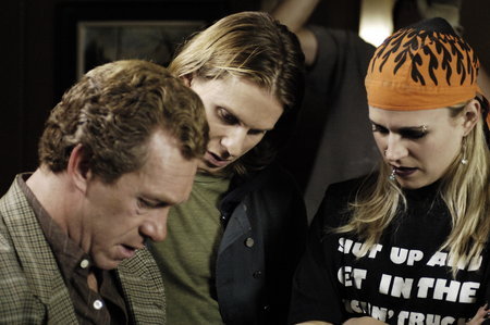 John Healy as Paul Goodman, Matthew Lemche as Samuel and Caroline Lesley as Poppy Goodman, consult their sides on the set of 