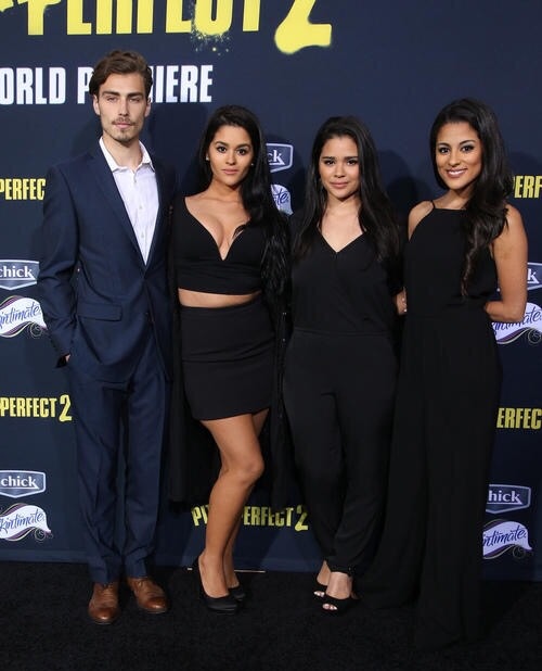 Carmela Zumbado, Marisela Zumbado, Gigi Zumbado, and Conor Hosford attend the world premiere of Pitch Perfect 2.