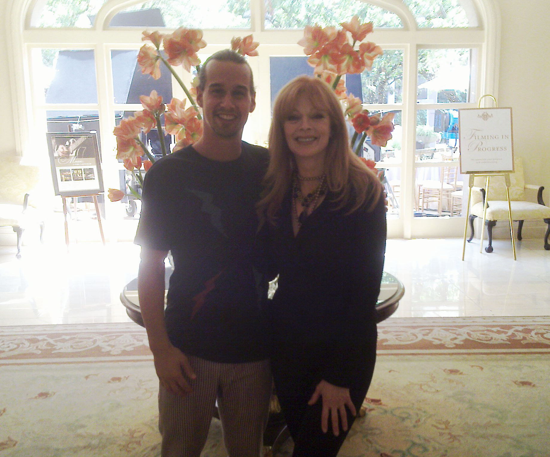 Frances Fisher and Sancho Martin (Lead Party DJ) behind the scenes Beverly Hills Chihuahua 3: Viva La Fiesta!