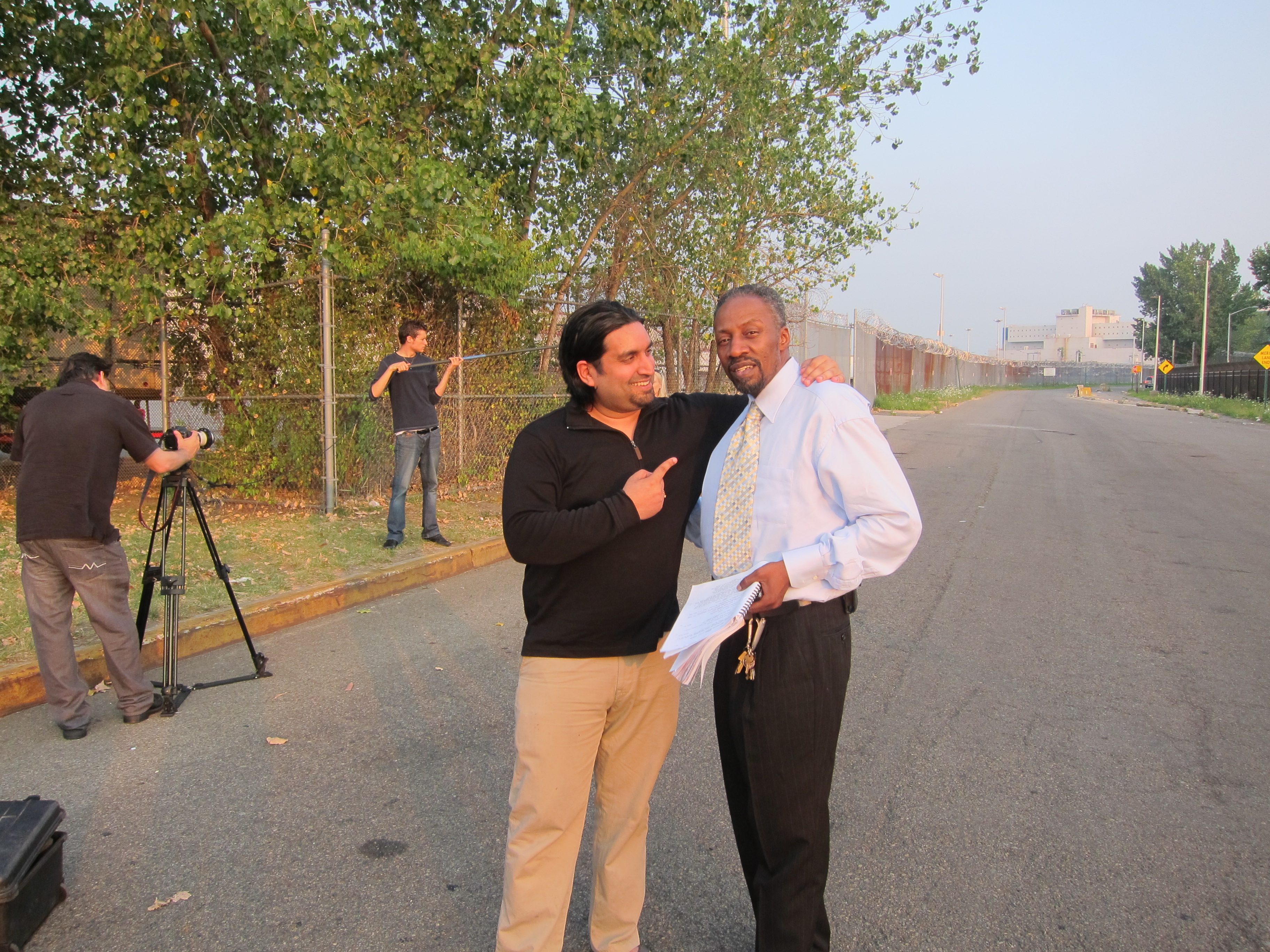 Gerald 'Prince' Miller and Ronnie Banerjee on location at Rikers Island Prison barge (set of Night Bird)