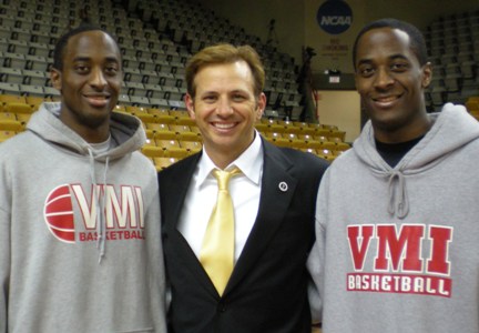 Travis with NCAA DIV 1 record holders, Chavis and Travis Holmes, after coaching the record breaking season at VMI Basketball