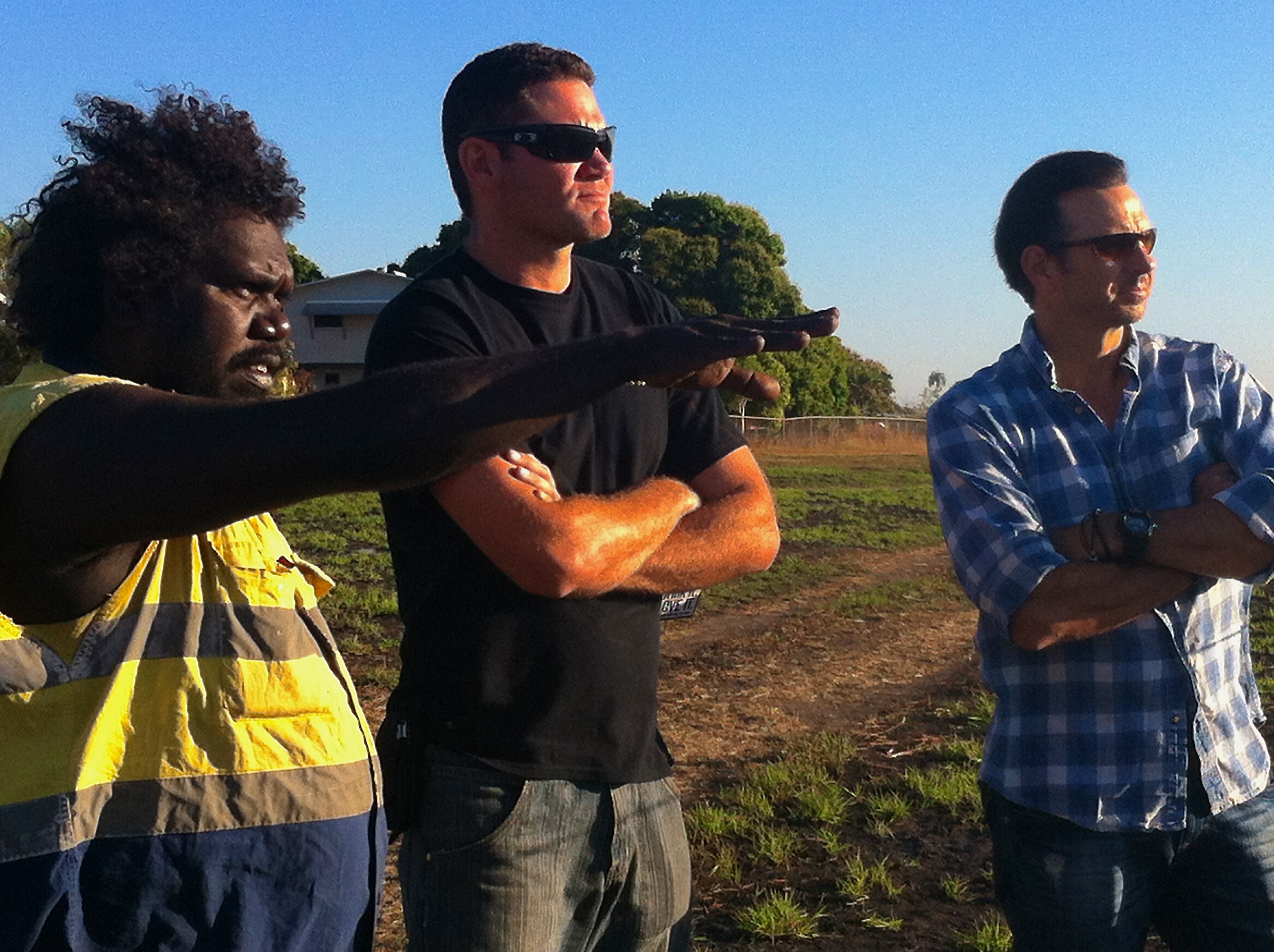 Travis, Jamie Poniris and Gabby scouting locations in Kakadu, Australia on set of 