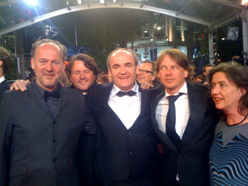 At the red carpet in Cannes , premiere RU There, Peter Warnier, Jeroen Bleeker, Bruno Tarriere, Frans van Gestel and Judy Maat