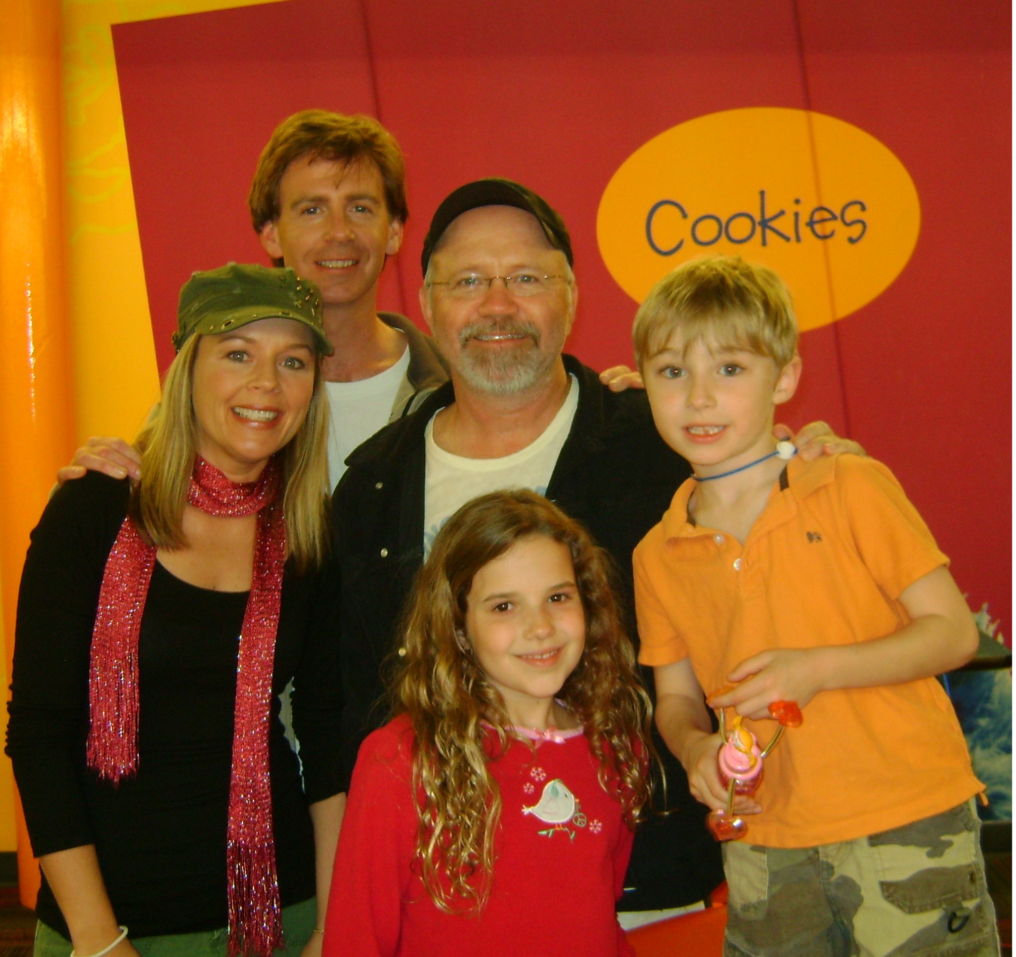 Still image of Jodie Shultz and co-cast Joe Mathews, Shawn Decker, Leila Davis and fantastic director Mark Claywell at the wrap of a fabulous 3-day Sesame Place shoot.