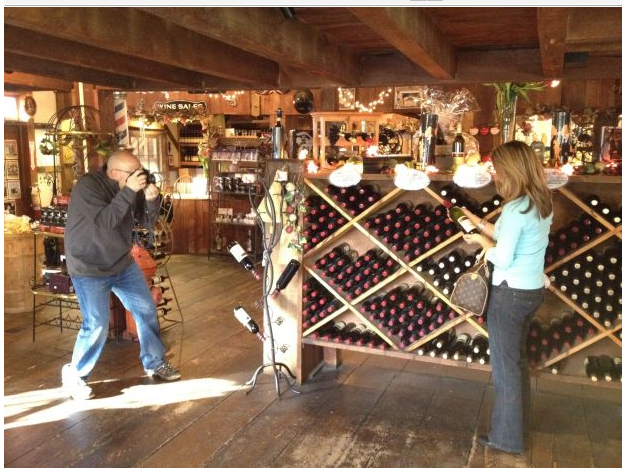Still image of Jodie Shultz on set a Pennsylvania winery shoot.