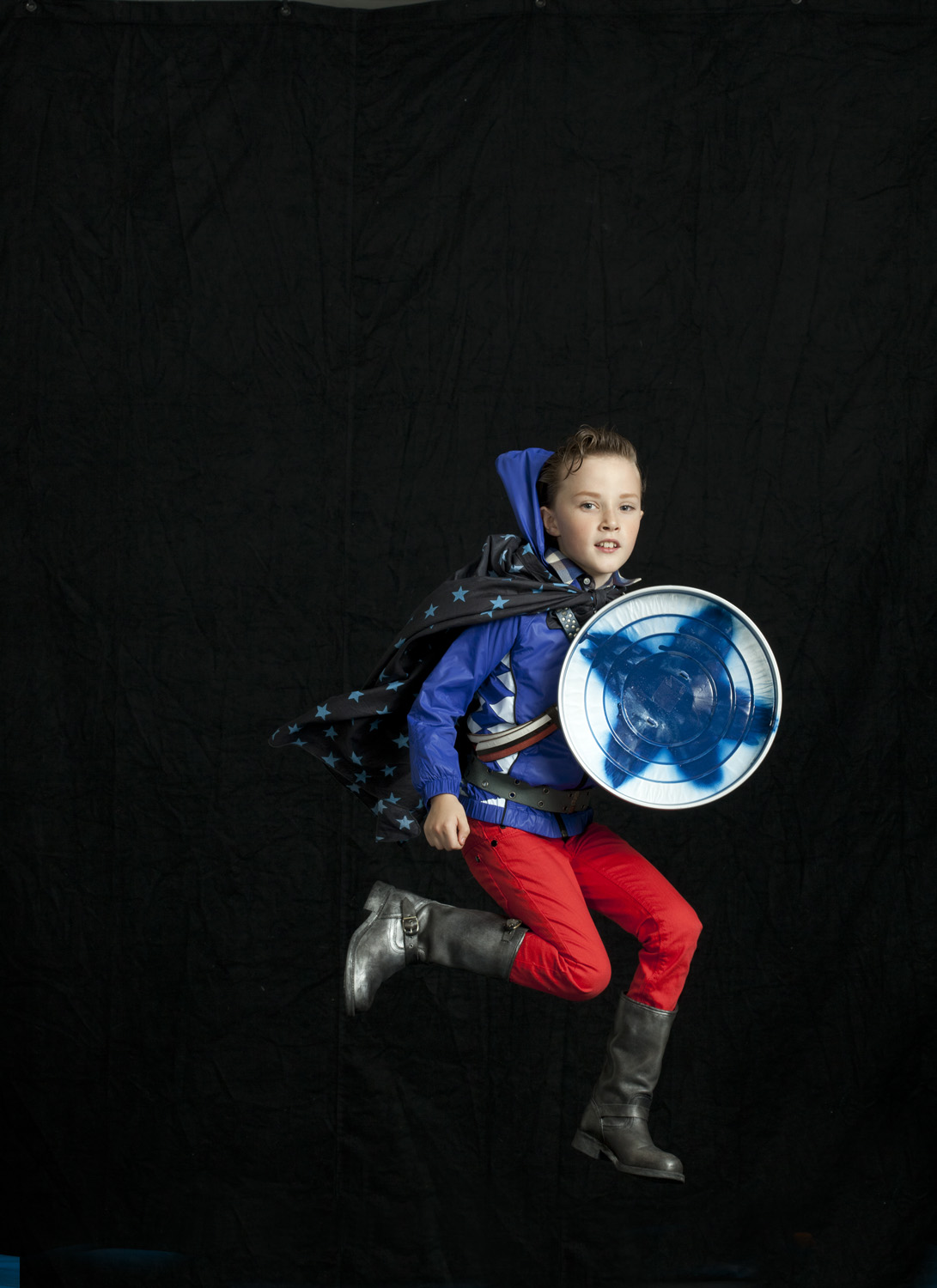 Julian as Captain America. Superhero fashion shoot for Papier Mache magazine. Stylist: Mindi Smith