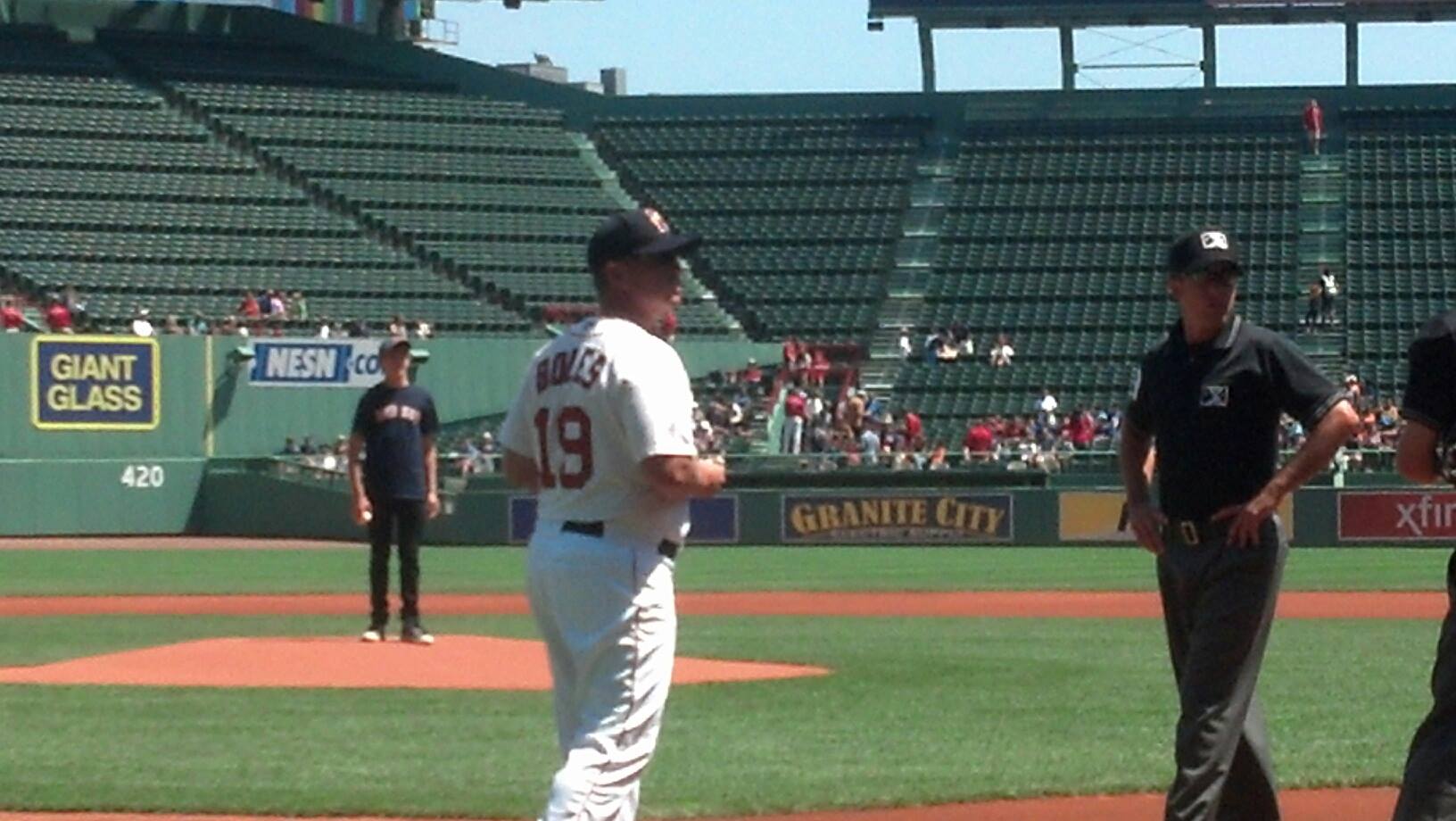 About to throw out the first pitch in the Green Monster - Fenway Park!