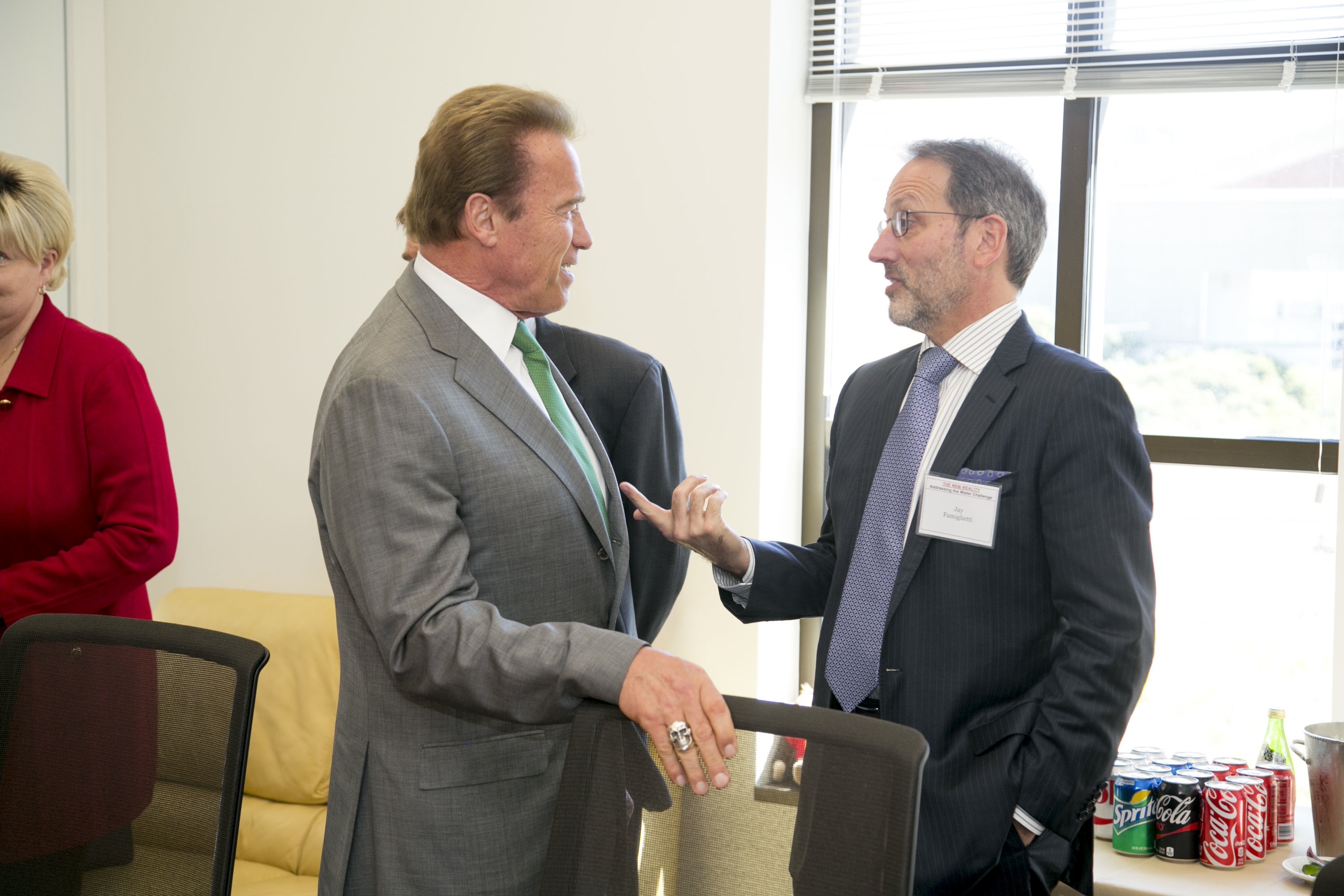 Jay Famiglietti with Governor Arnold Schwarzenegger at USC water forum, May 7, 2015.