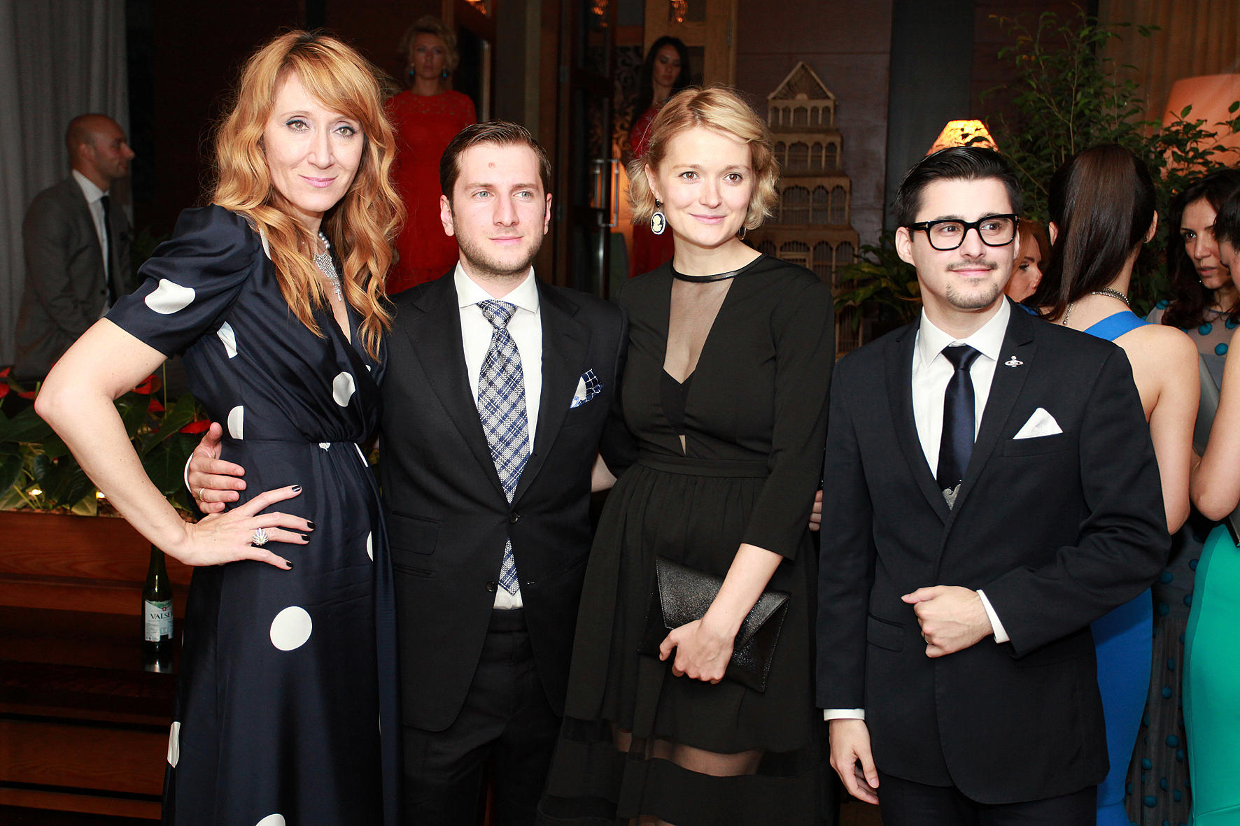 (L-R) InStyle Russia editor-in-chief Yurate Gurauskiate, filmmakers Rezo Gigineishvili with spouse Nadezhda Mikhalkova and producer Josh Wood at the InStyle Gala Dinner to mark 35th Moscow International Film Festival on June 28, 2013 in Moscow, Russia.