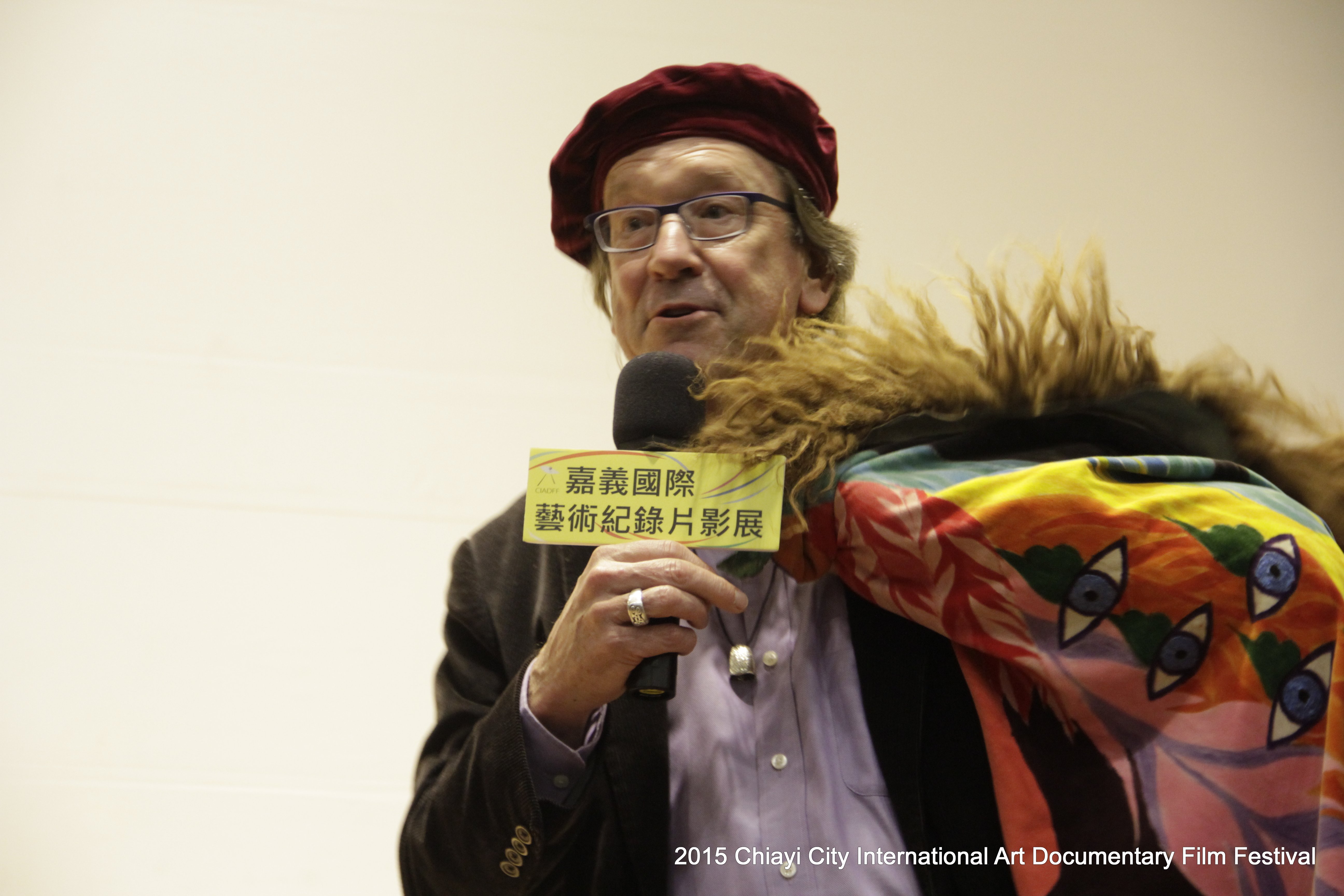 Stephen Silha with James Broughton's cape at Q&A, Chiayi City International Art Documentary Film Festival, Taiwan