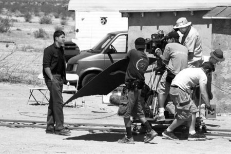 Cinematographer Eric Leach & crew dolly actor Jim Thalman.