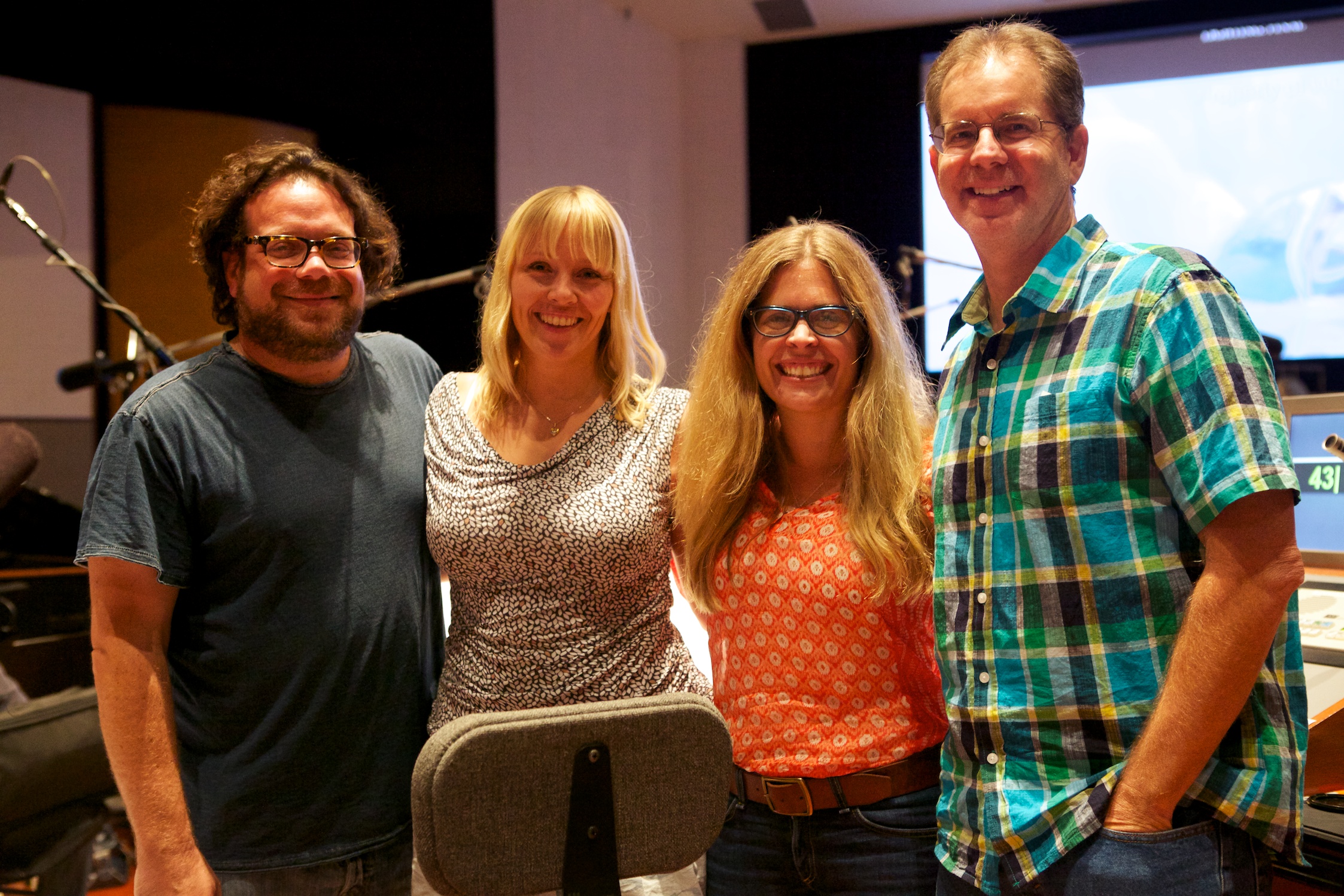 Christine Hals with Frozen composer Christophe Beck and Frozen directors Jennifer Lee and Chris Buck at Warner Bros scoring stage. Recording orchestra for Frozen.