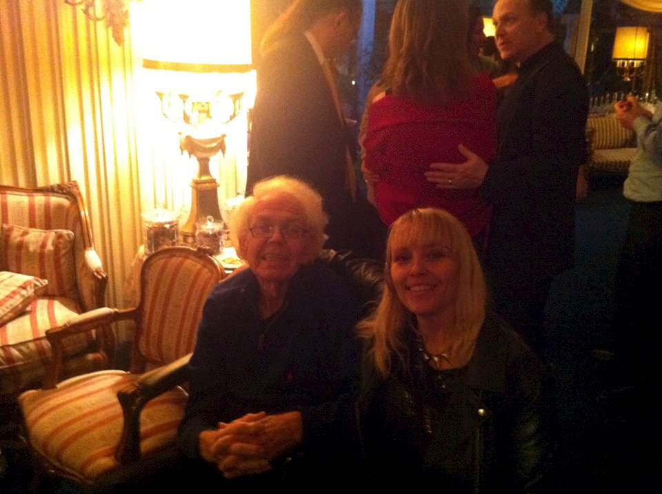 Christine Hals and legendary Stan Freberg at the Pre-Oscar party for the music nominees 2013. Location John Cacavas residence, hosted by the Cacavas family and the SCL