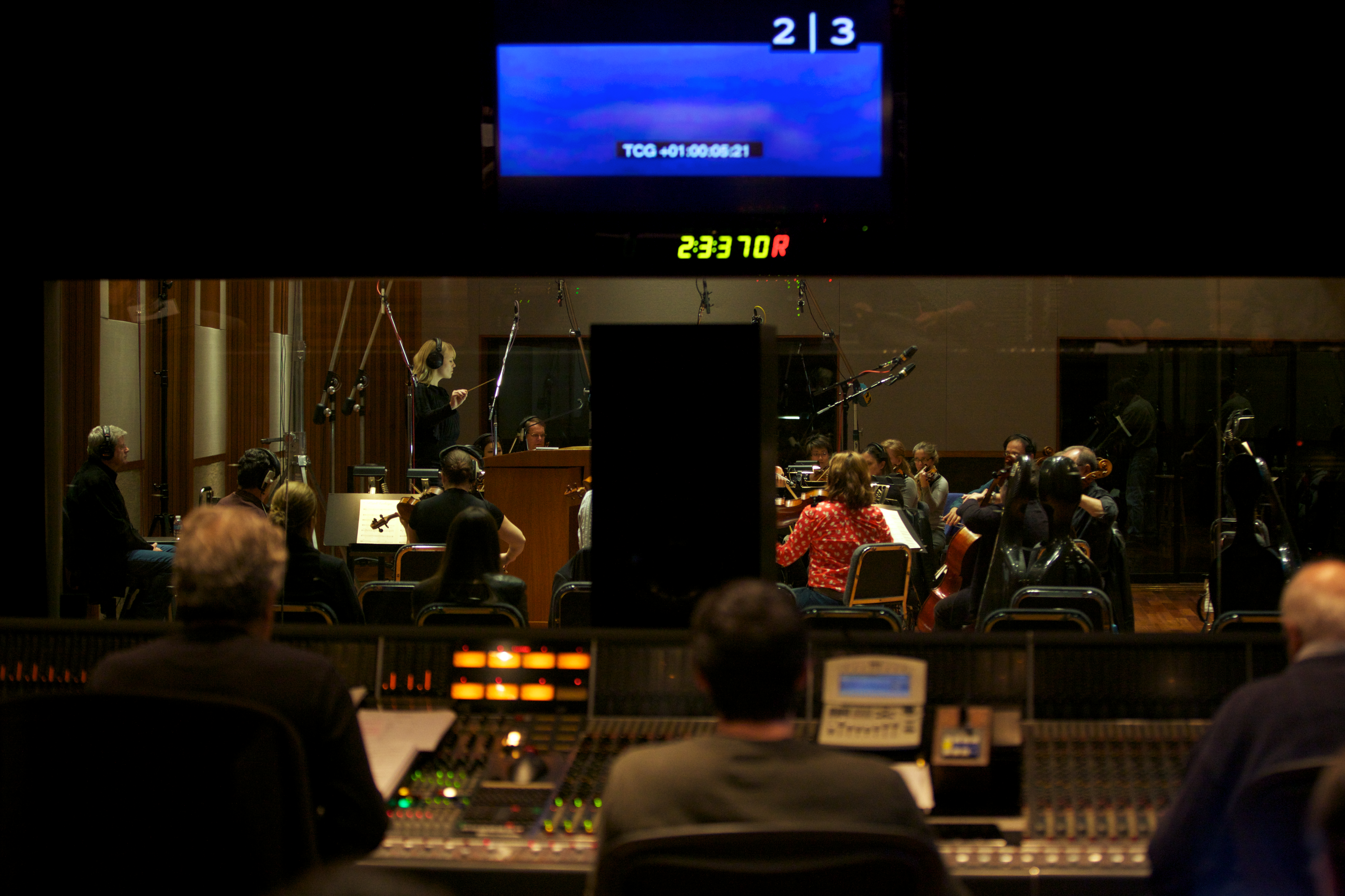 Christine Hals conducting string orchestra at the Bridge Recording studios in Hollywood. Musicians contracted by Peter Rotter. Recorded by Bobby Fernandez.