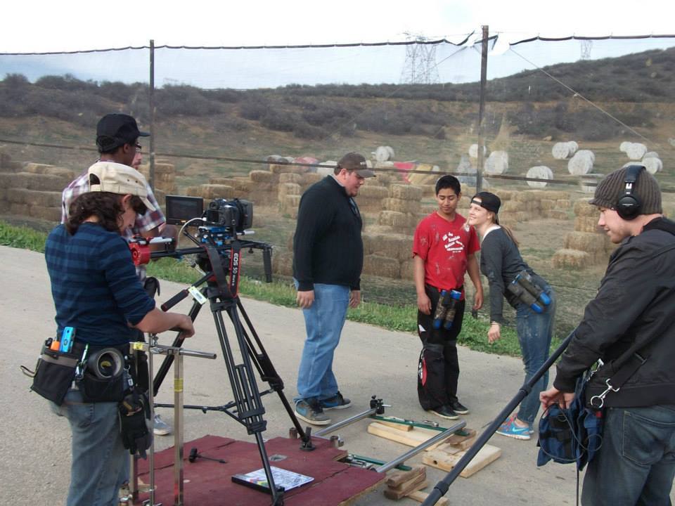 Andrew on the set of Walk-Ons (2014) with cast members Adrian Favela and Kati Zaylor, cinematographer Matt Allan Smith and crew members Ruth N West, Travis Shannon and Bryn Hubbard.