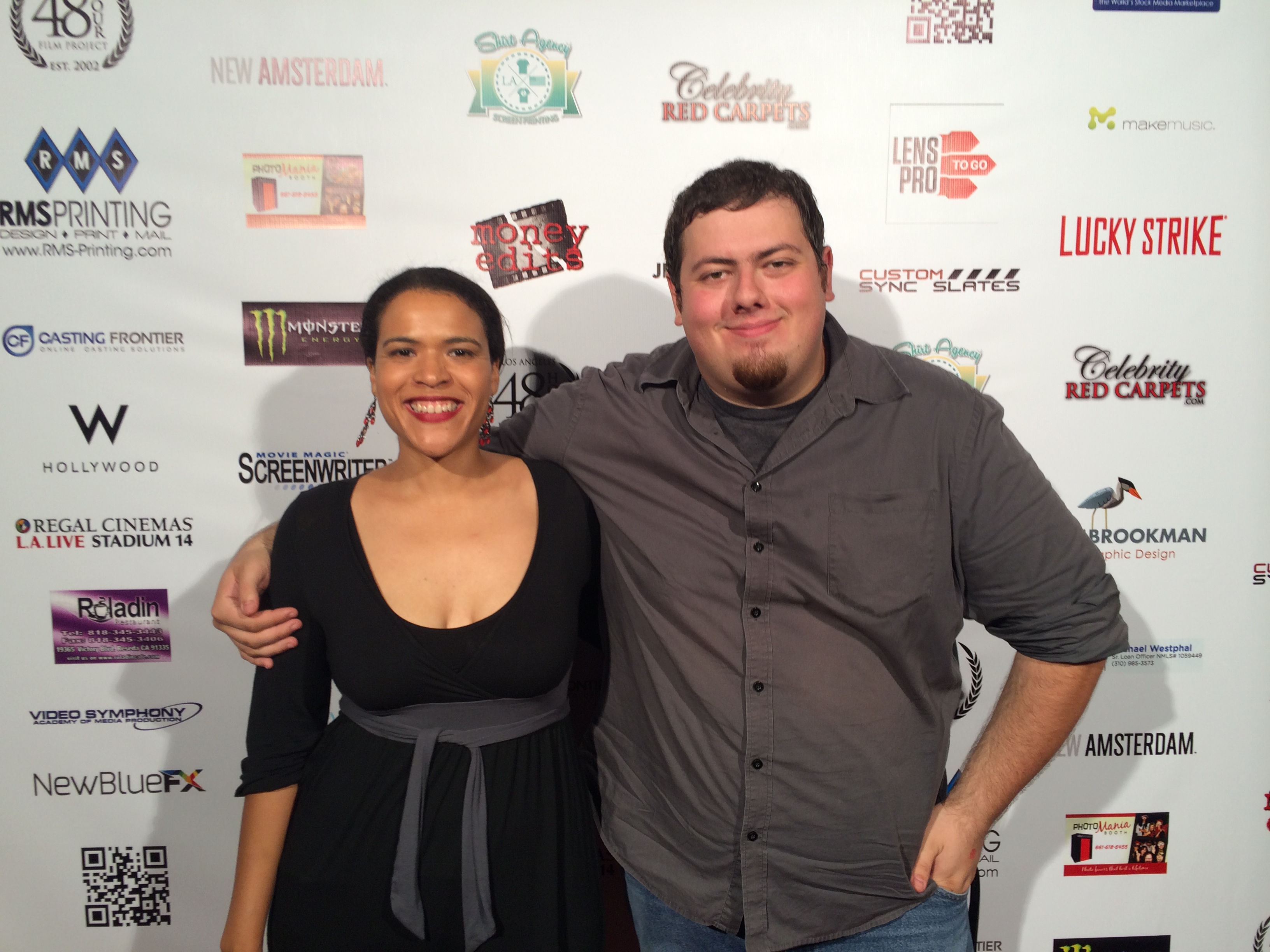 Andrew posing on the red carpet with actress Senta Burke at the after party for the 2014 Los Angeles 48 Hour Film Project's Audience Award screening where Press COOK (2014) was screened.