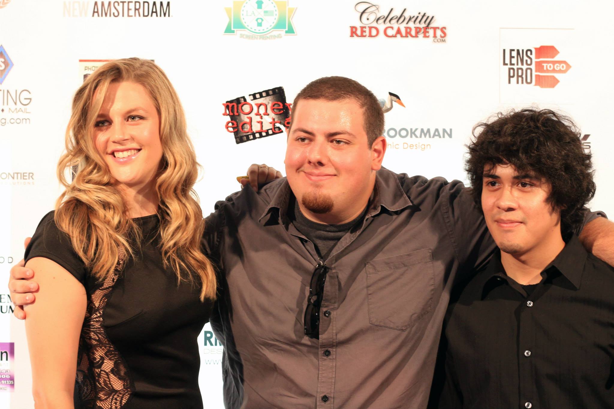 Andrew posing on the red carpet with actress Kati Zaylor and composer Nestor Estrada at the 2014 Los Angeles 48 Hour Film Project's 