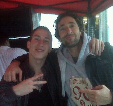Talon Reid and Adrien Brody on set filming the new Chrysler commercial.