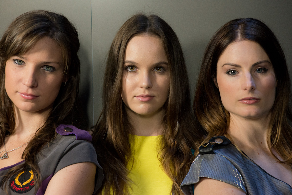 Actresses, Tahlia Ponting, Alanah France and Kylie Stephenson during the filming of Beyond Redemption: Space Captain at Angel Studios Australia 2013