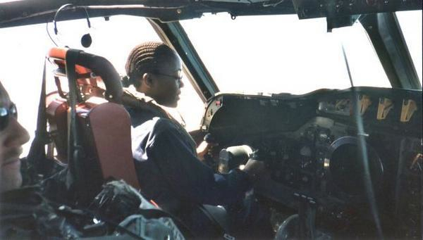 Paquita flying a P-3 Orion. Marine Corps Base Kaneohe Bay Hawaii.