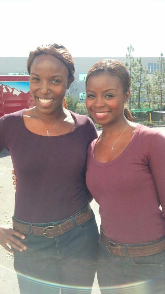 Janeshia Adams-Ginyard and Erica Tazel on set of JUSTIFIED to stunt double Rachel (Erica Tazel).