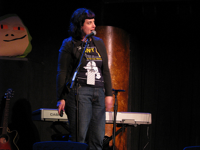 Bonnie Burton performing on stage at w00tstock in San Francisco.