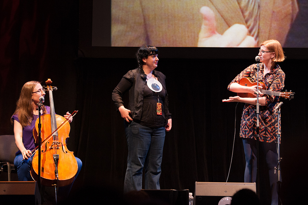 Bonnie Burton onstage with the Doubleclicks at w00tstock.