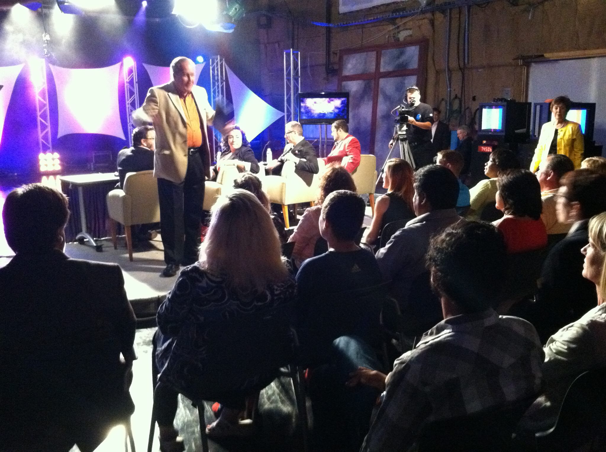 Mike warming up the studio audience before a taping of Michiana's Rising Star.