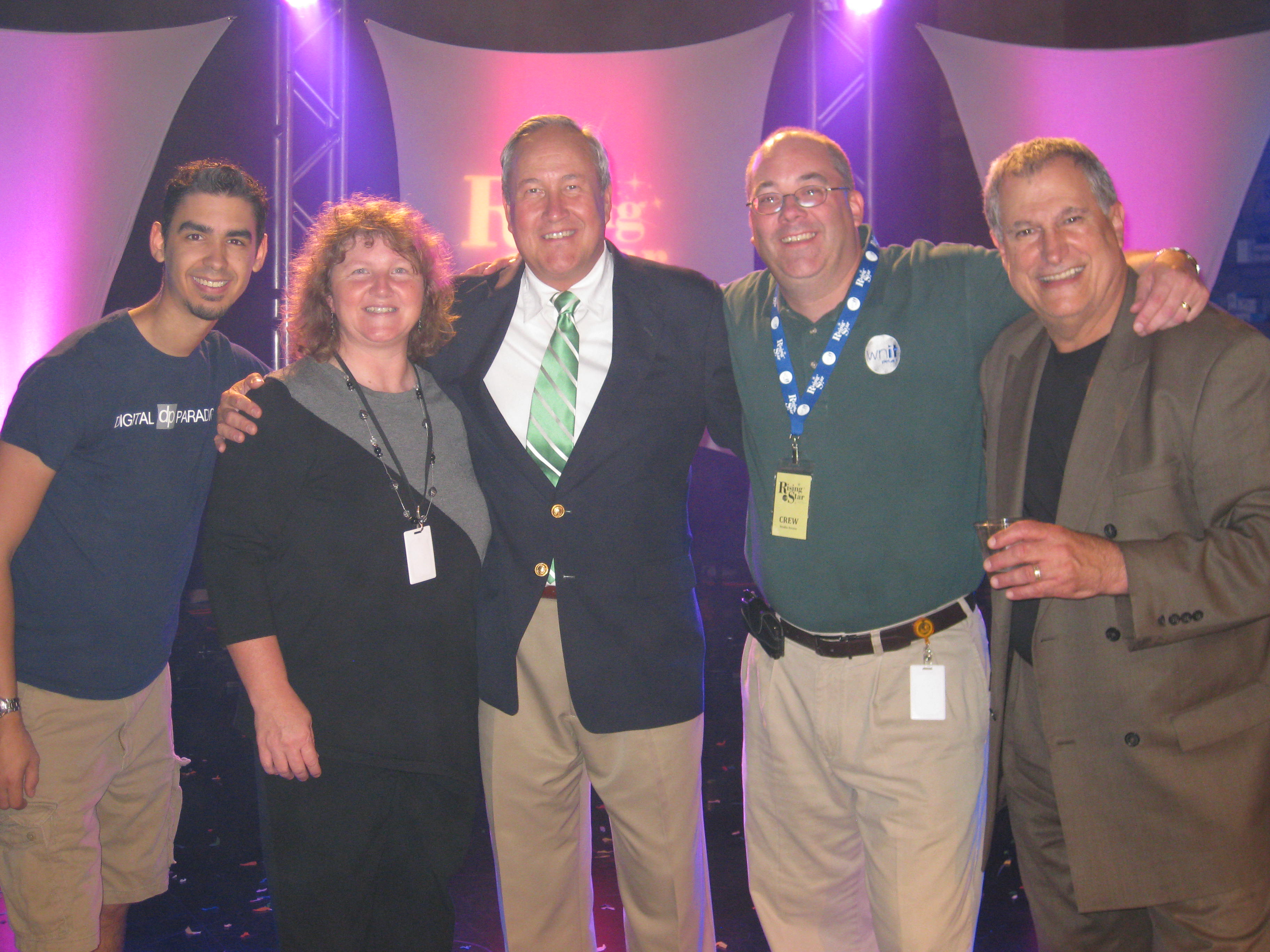 It's a wrap! After-party fun after taping the final episode of Michiana's Rising Star. L to R: Bryan Fellows (director), Brenda Bowyer (supervising producer), Mike Wargo (producer), Steve Funk (VP, Marketing), Angel Hernandez (executive producer).
