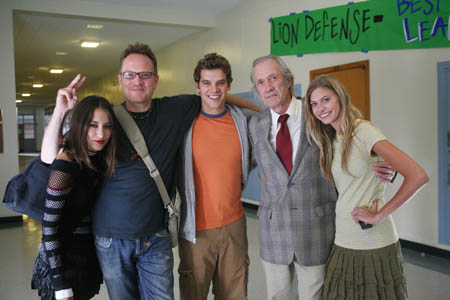 Zelda Williams, James Hickox, Preston Jones, David Carradine, and Maitland McConnell on the set of Detention