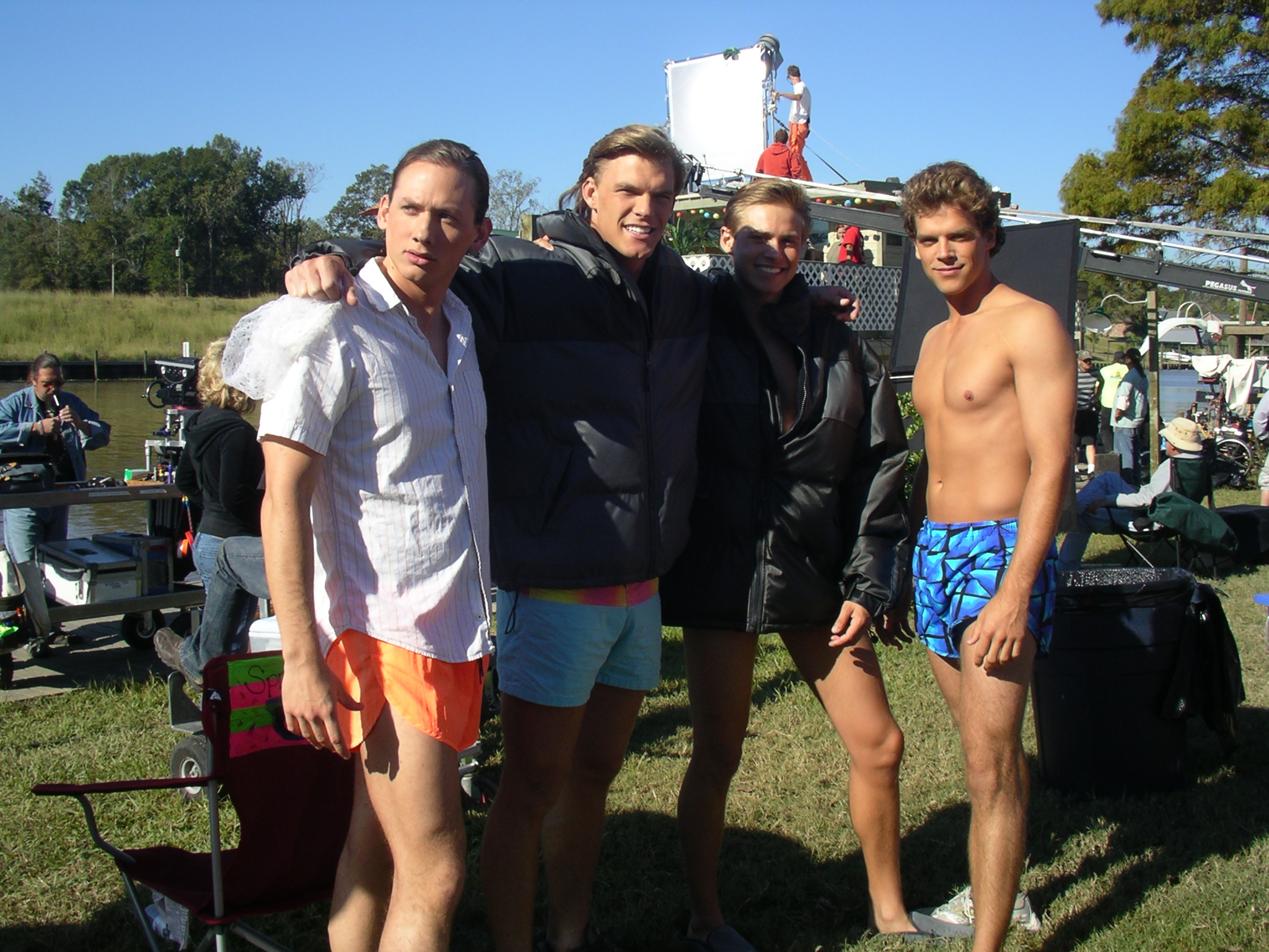 Greg Fellows, Alan Ritchson, Nick Heyman, and Preston Jones on set of Spring Break 83