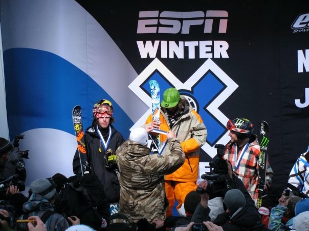 Accepting medal for 3rd place in Winter X Games Slopestyle. 2010
