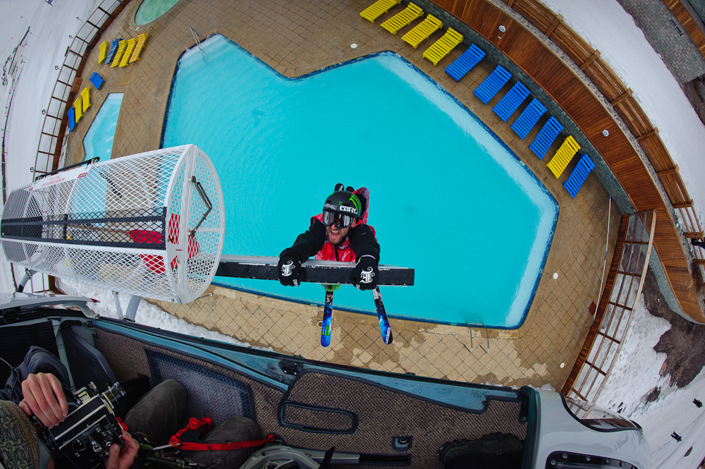 Jumping from a helicopter into a pool in Chile.