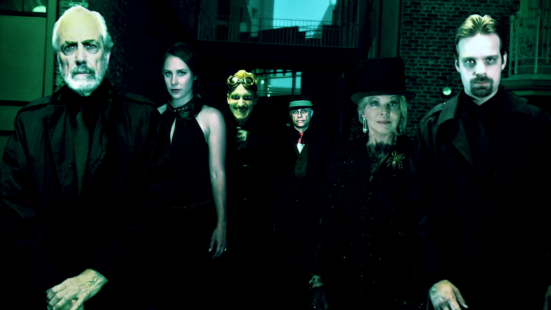 THE ESTABLISHMENT (from L to R): Jerry Lacy as Dr. Mabuse, Bahia Garrigan as Christina Novello, Dane Corrigan as Rotwang, John C. Smith as Cesare Krauss, Lara Parker as Madame Carrozza, and Nathan Wilson as Dr. Mabuse.