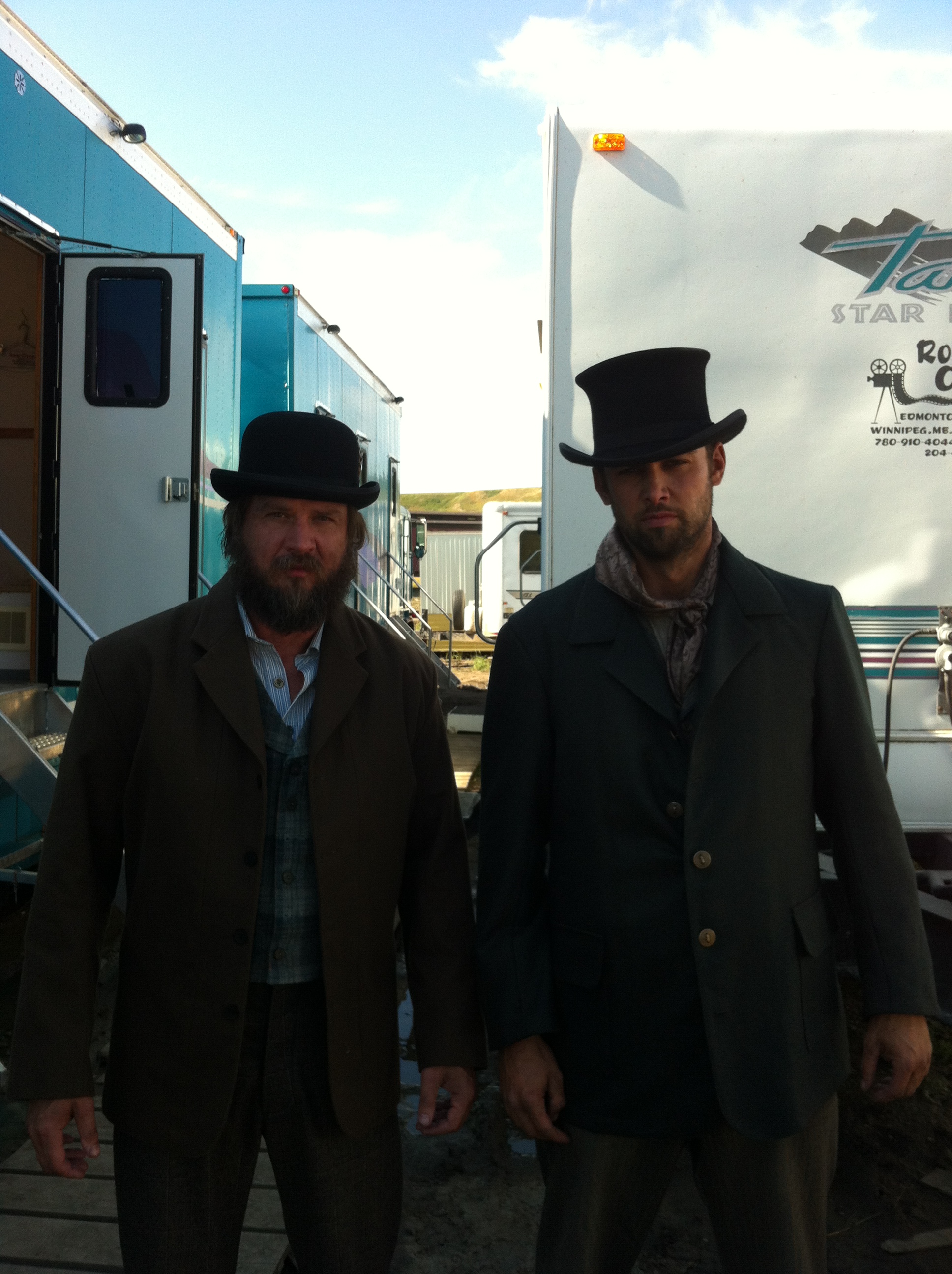 On the Hell On Wheels set outside our trailers, waiting for our call. With my fellow dead rabbit Kris McLeod.