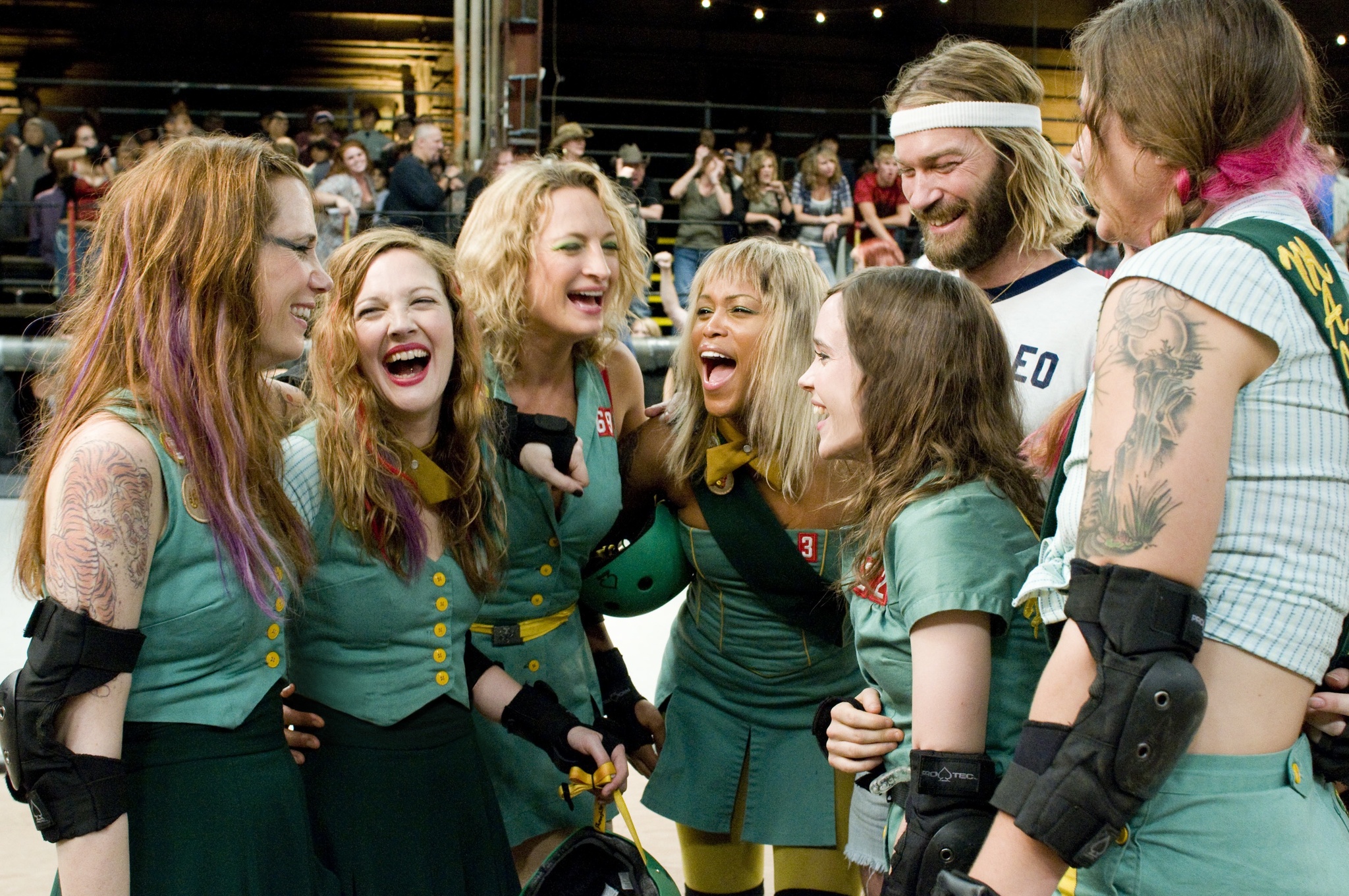Still of Drew Barrymore, Ellen Page, Andrew Wilson, Zoë Bell, Eve and Kristen Wiig in Whip It (2009)