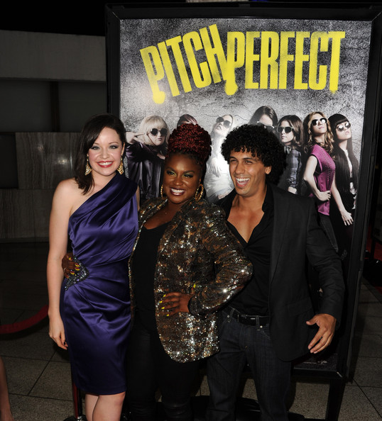 Actor Michael Viruet with co-stars Ester Dean and Shelly Regner at the red carpet world premiere of Pitch Perfect