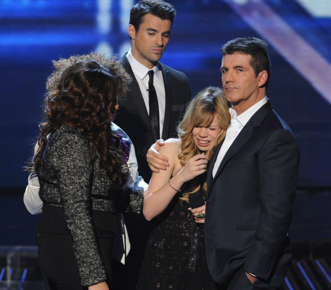 Still of Simon Cowell, Steve Jones, Melanie Amaro and Drew Ryniewicz in The X Factor (2011)