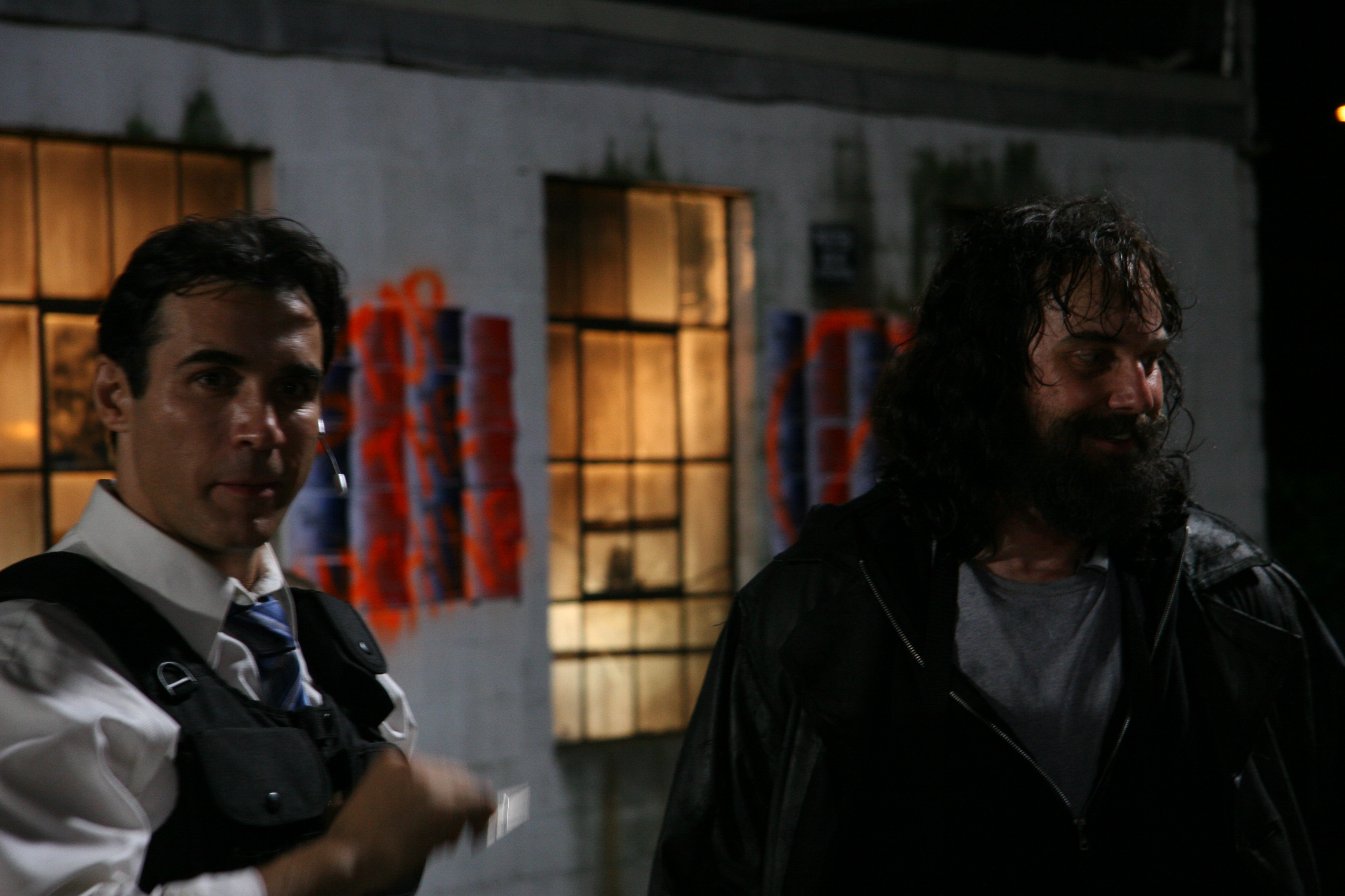 Gunner (Adrian Paul) and Sankur (Dale Girard) between takes on Crimson Wolf's 