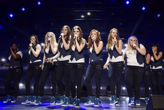 Shelley Regner (second from left) performs as Ashley with the Barden Bellas in Pitch Perfect 2
