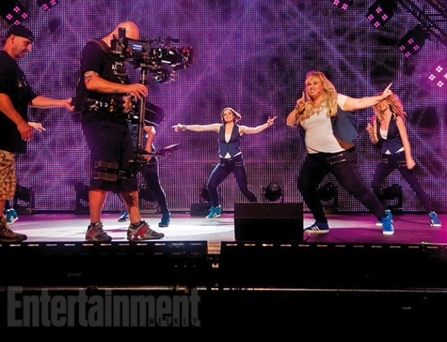 Shelley Regner, Rebel Wilson, and Kelley Jakle film the Barden Bellas performance in Pitch Perfect 2