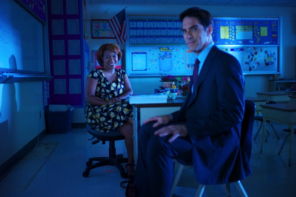 Stacie Greenwell (Ms. McKee) on the set of CRIMINAL MINDS with Thomas Gibson (Agent Hotchner).