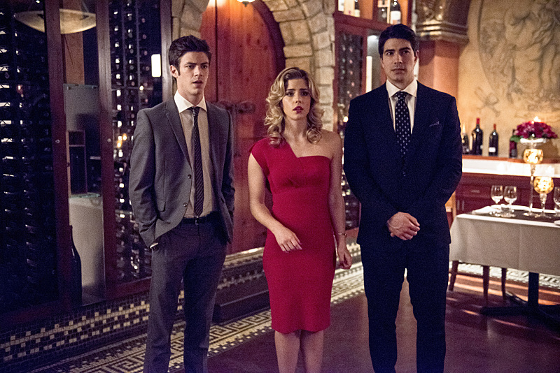 Still of Brandon Routh, Grant Gustin and Emily Bett Rickards in The Flash (2014)