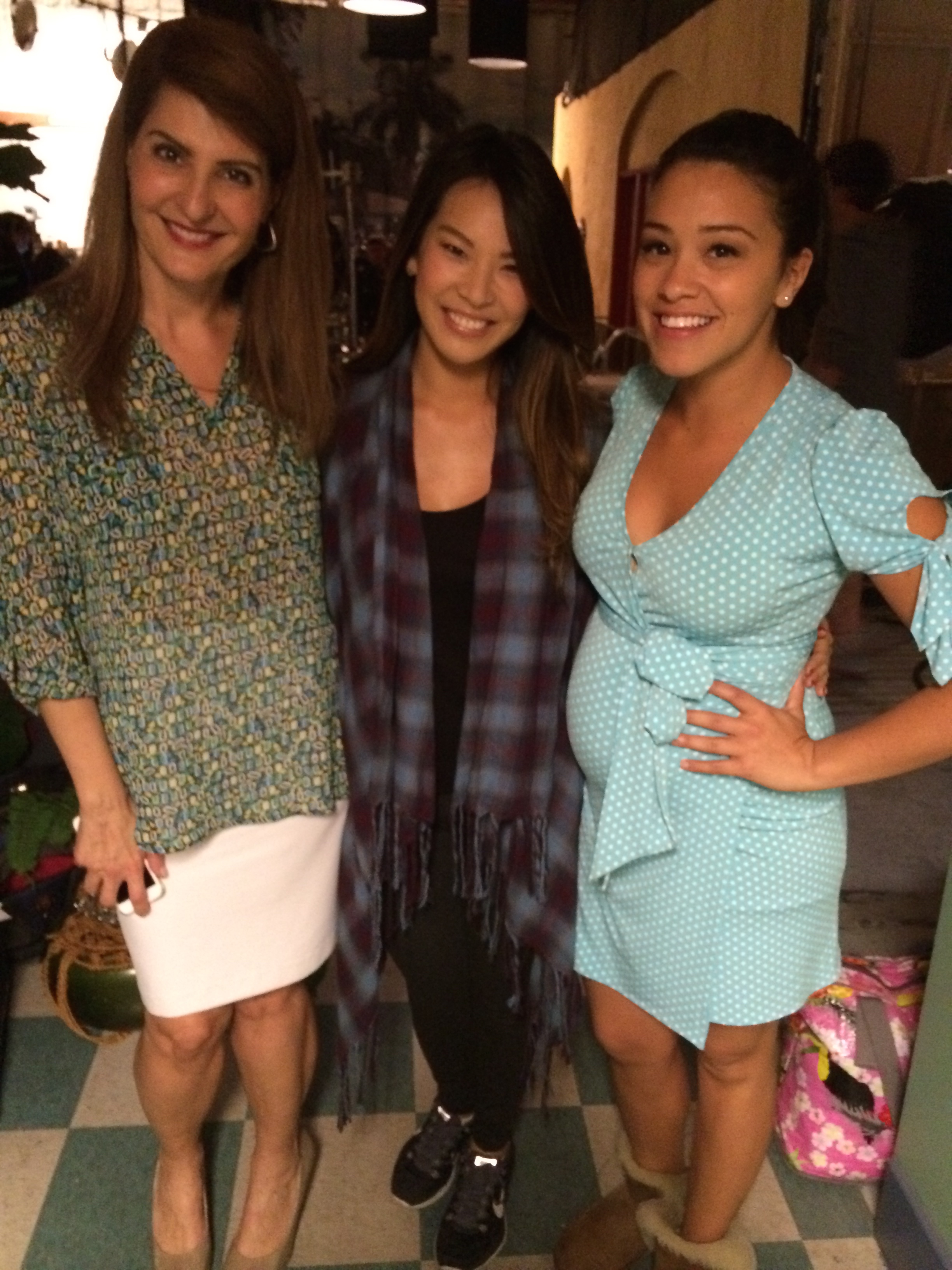 Jessica on the set of Jane the Virgin with Golden Globe Winner, Gina Rodriguez, and the amazingly comical, Nia Vardalos.