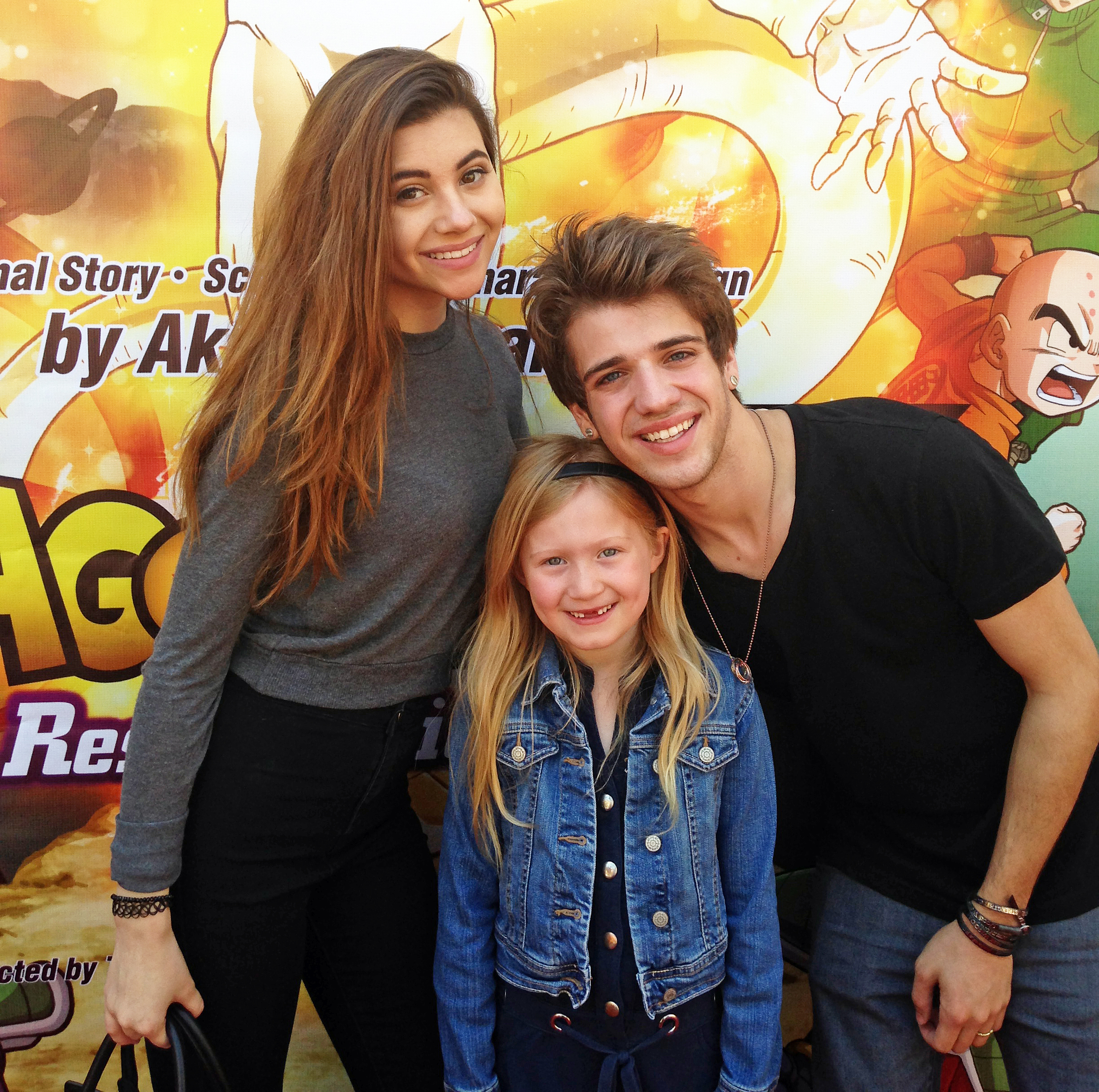Abigail Zoe Lewis arrives, Oliva Stuck and Brandon Tyler Russell at Premiere Of 'Dragon Ball Z: Resurrection 'F' held at the Egyptian Theatre on April 11, 2015 in Hollywood, California.