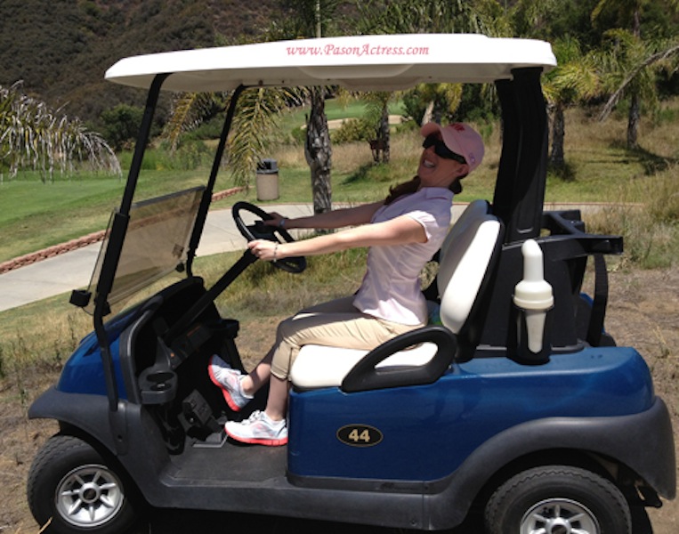 Pason being funny, Comedy in Golf Cart at WIF Malibu Celebrity Golf Classic. Oh boy they let me, the redhead actress drive a Golf Cart!